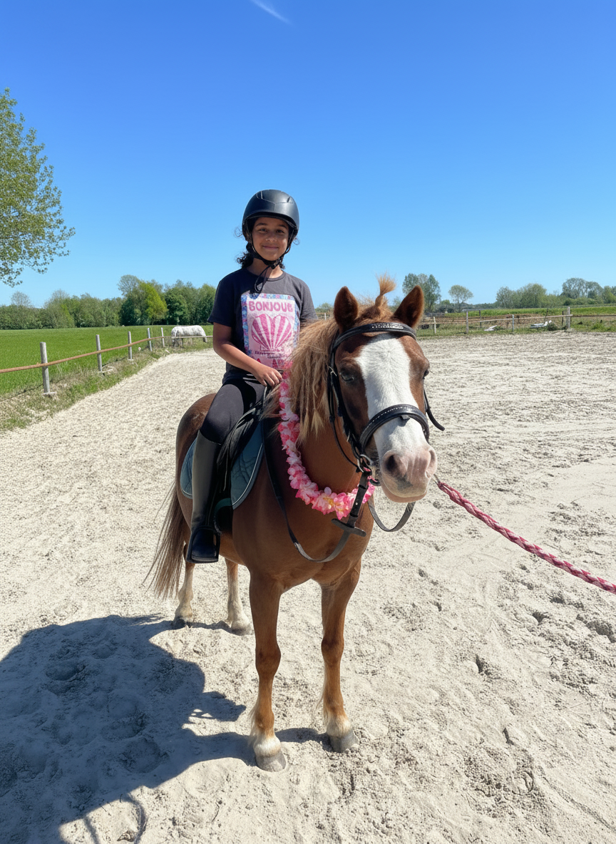 Kind rijdt op pony in de bak